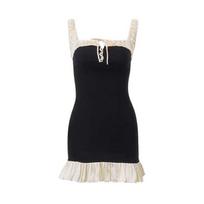 Vintage Square Neck Stitch Prom Dress Women Sexy Spaghetti Strap Pleated Mini Dresses Female Elegant Party Club Sleeveless Clothing 2024 S abrikosas