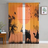 African Safari With Camels And Elephant On Sunset Tulle Sheer Curtains for Living Room Kitchen Decoration Voile Organza Curtains 135W x 114H(cm)