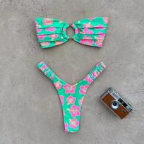 2024 m. Seksualūs Bikini Push Up maudymosi kostiumėliai Moteriški gėlių raštais Saldūs maudymosi kostiumėliai be petnešėlių Moteriški tuščiaviduriai vintažiniai kostiumai Paplūdimio vakarėlis S žalia