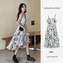 French Style Gentle Floral Print Sling Waist Dress Women's Summer Design Printed Irregular Skirt Ruffled Dress S balta