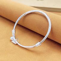 Zuyin 999.9 Bright Face Push-pull Style Striking Hammer Pattern Silver Bracelet Women's Wrapped Silk Bell National Style Safety Bracelet Simple Adjustable size