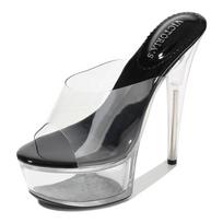 Moteriški stiletto bateliai, sekli burna, krištoliniai, permatomi, seksualūs šlepetės, 15 cm kulnas, 5 cm platforma WZ 35 juoda