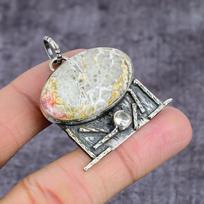 Natural Laguna Lace Agate, Topaz Gemstone 925 Sterling Silver Pendant 2.37  Q3I47