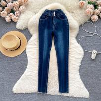 Dark Jeans Women High Waist Slimming Fashionable All-Match Tight Pencil Pants Retro Frayed Capri Pencil Pants Fashion 25 tamsiai mėlyna spalva