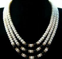 3 Rows 7-8mm Genuine White Pearl Black Agate Onyx Crystal Clasp Necklace