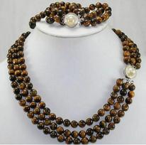 Natural 3 rows 8mm Africa Roaring Tiger Eye Necklace, Bracelet 17-19 /7.5
