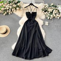 Scheming Hanging Neck Dress Sexy V-neck Slim fit Long over-the-Knee Split Suspender Dress Trip Shoot Holiday Sle Dress One Size juoda