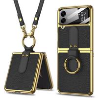 Prabangi PU odos danga Samsung Galaxy Z Flip 4 5G dėklui su žiedu, dirželiu ir įmontuota ekrano apsauga, telefono dėklai Coque Fundas For Z Flip 4 5G