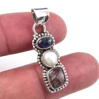 Natural Black Rutile,Pearl Gemstone 925 Solid Sterling Silver Pendant 1.25  U4O81 brown