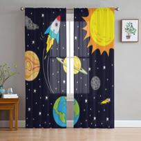 Children Cartoon Space Rockets Planets Stars Universe Night Sky Sheer Curtains for Room Bedroom Window Voiles Tulle Curtain 135W x 114H(cm)