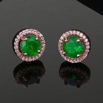 Moterų apvalūs dizaineriški auskarai-studs Estele su rausvo aukso danga ir žaliais akmenimis, CZ green