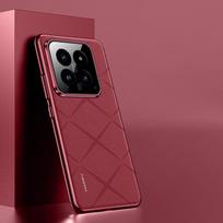 KEYSION Grid Pattern PU odinis dėklas, skirtas Xiaomi 14 Ultra 5G 14 Pro Plating PC fotoaparato objektyvo apsaugos telefono dangtelis, skirtas Xiaomi 14 for Xiaomi 14 raudona