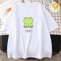 Kawaii Cartoon Frog Print Tshirt Women Summer Short Sleeves Loose Anime T Shirt Female Harajuku O Neck Streetwear Anime Tees Shirt S balta