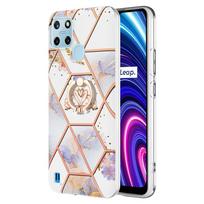 Žiedinis laikiklis „Golden Border Grid“ marmurinė gėlė IMD itin plonas telefono dėklas, skirtas OnePlus Nord N20 5G, Oppo A55, A53s 5G, A54, A16, A93, A15, Realme 9, C21Y, C25Y... Realme 8i balta