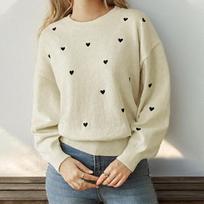 Women’s Love Print Basic Soft Sweater Crew Neck Long Sleeve Warm Pullover Sweater for Lady Casual Lightweight Comfortable Simple Sweater S