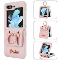 Luxury Leather Ring Holder Stand Case for Samsung Galaxy Z Flip 3 4 5 5G Flip3 Flip4 Flip5 Protection Fashion Shockproof Luxury Cover For Samsung Z Flip5 šviesiai rausvos spalvos