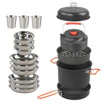 Camping Cookware Mess Kit Aluminum Alloy Pot Pan Steaming Tray Bowl Cup and Water Kettle with Pot įvairiaspalvis