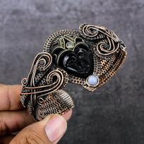 Natural Cameo, Moonstone Gemstone Copper Wire Wrap Cuff Bangle Adjustable m4L97