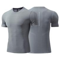 Gym Men Compression T-shirt Bodybuilding Short Sleeve Fitness Tops Tee Marathon Athletics Costume Quick Dry Running Sweatshirt XS pilka spalva