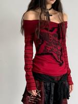 Aesthetic Grunge Red Printed Long Sleeved Tops Sexy Off Shoulder Y2k Slimming T-shirt Japanese Fashion Design Causal Clothing Autumn S raudona