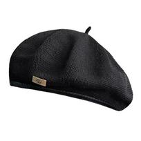Moterims skirta PU krašto bereto kepuraitė Metaliniai retro beretai Vienspalvė megzta kvėpuojanti newsboy kepurė Korėjietiška universali temperamentinga dailininko kepurė 1pc juoda
