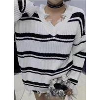 Autumn New V-neck Tassel Loose Striped Knitted Sweater for Women Fashion Vintage Long Sleeve Pullover Sweaters Female Elegant Casual Knitwears 24829 One Size balta