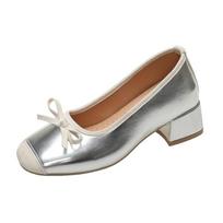 Ballet Shoes Comfortable French Thick Heel Middle Heel Square Head Shoes Bow Fashion Shoes 35 sidabras