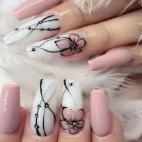 Coffin Press On Nails, Pink White Glossy Fake Nails With Flower Line Designs, Acrylic All Cover False Nails For Women And Girls 24pcs gray