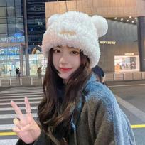 Korean Version Cute New Winter Teddy Bear Plush Ear Protection Knitted Hat Fashionable and Versatile Face Enhancing Small Woolen Hat kava