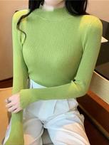 Women Fashion Vintage Knitted Solid Sweater New Retro Stand Neck Basic Casual Slim Pullover Autumn Winter Korean Simple Chic Clothing S žalia