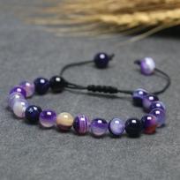 Karoliukų apyrankė moterims 8 mm akmuo violetinės juostelės agatas pintas virvelės apyrankė su pakabuku poroms meditacijos apyrankė vyrams papuošalai 18cm gray
