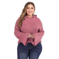 Women's Autumn and Winter Large Size Flare Sleeve Hooded Solid Colour Short Pullover Sweater one size raudona