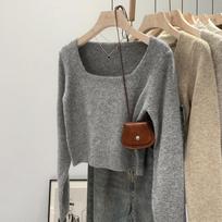 Square collar short soft waxy sweater for women autumn new pullover long-sleeved top for small people versatile bottoming shirt top S
