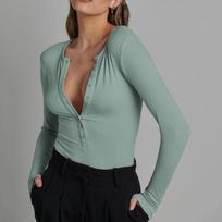 European and American sexy spicy girl long sleeved tight fitting buttoned V-neck jumpsuit L abrikosas