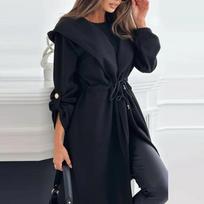 Elegantiški žieminiai raišteliai juosmens paltai su gobtuvu Moteriški gobtuvai Striukės Suvarstomos Slim Fit Ilgomis rankovėmis Moteriški paltai Moteriški viršutiniai drabužiai S juoda
