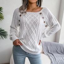 Autumn and Winter Casual Square Neck Buttons Pullover Sweaters Women Fashion Twists Vintage Knitted Sweater Woman Elegant Loose Knitwear Jumpers 25317 S balta