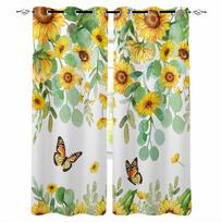 Watercolor Sunflower Eucalyptus Leaf Butterfly Blackout Curtains For Living Room Bedroom Window Treatment Drapes Home Decor W135 x H60cm beige