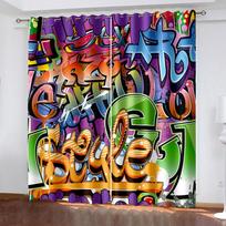 Europietiško stiliaus gatvės grafiti meno šrifto dizaino langų užuolaidos svetainei, virtuvei, pritaikomo dydžio, paruoštos užuolaidos, 2 vnt. Small2x25W60H(CM)&Hook