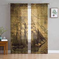 Vintage Sailing Ship Nautical Map Chiffon Sheer Curtains for Living Room Bedroom Decoration Window Voiles Tulle Curtain Drapes W135 x H115cm x1&Rod Pocket