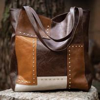 Fashion Female Soft PU Leather Rivet Tote Bag Vintage Women Large Capacity Shoulder Bags Casual Contrast Color Patchwork Handbag black