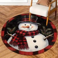 1Pcs Christmas Snowman Buffalo Plaid Print Round Area Rug Indoor Non-Slip Washable Fiber Carpet Soft Comfortable Mat For Bedroom Living Room 60X60cm