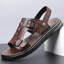 Madingos vasarinės vyriškos šlepetės su įtrūkusiomis odos detalėmis, atviru pirštu, odinės vyriškos paplūdimio basutės, aukštos kokybės dviejų sagčių verslo basutės, vaikščiojimo batai 38 ruda