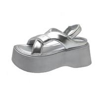Madingi vasaros moteriški šlepetės Paplūdimio flip-flopai Moteriški stori odiniai batai Kulniukai-pleištukai Lauko sandalai Moteriškos aukštos platformos šlepetės 8CM 35 sidabras