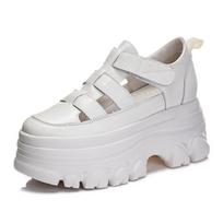 Fashion 9cm Genuine Leather Casual Breathable Hook Loop Toe sandals Platform Chunky Heels Pumps Summer Ankle Boots Mary Jane Shoes 2024 34 smėlis