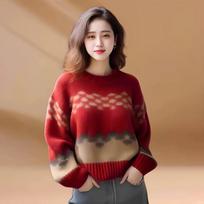 Fashion Retro Print Loose Pullovers Sweaters Women Winter New Soft Casual Women Knitted Sweater Tops Elegant Round Neck Slim Ladies Knit Jumpers 25471 One Size