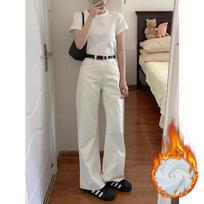 Women's Winter Baggy High-waisted Wide-leg Trousers with White Fleece and Thick Jeans S