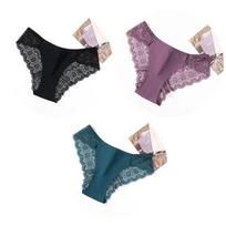 TrowBridge 3PCS/Set Sweet Women's Panties Silk Satin Underwear Lace Sexy Lingerie Girls Breathable Briefs Soft Comfortable Panty S&3pcs gray