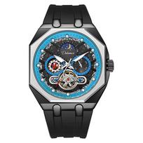 Vyriškas Tourbillon tuščiaviduris automatinis mechaninis laikrodis, atsparus vandeniui, šviečiantis, su 24 valandų mėnulio fazės ciferblatu, madingas personalizuotas laikrodis vyrams mėlyna