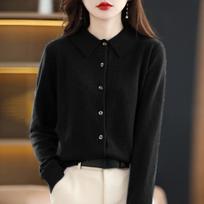 Autumn and Winter POLO Collar Shirt Women's Outer Loose Long-sleeved Sweater Knitted Cardigan Top Jacket XXL juoda