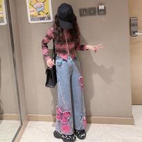 Girls Fashion Spray Painting Butterfly Denim Wide Leg Pants High Waist Korea Style Long Jeans Trousers 170cm mėlyna